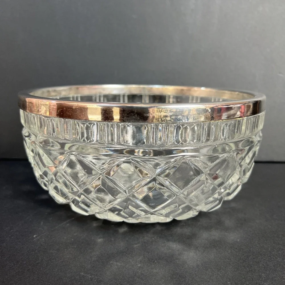 VTG Heavy Cut Glass Serving Bowl with Silver Plated Rim Large 8.25